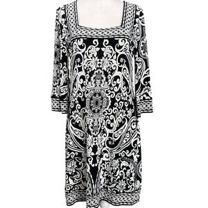 SOLD WHBM Black and White Patterned Dress S Square Neck Lightweight Midi Unlined